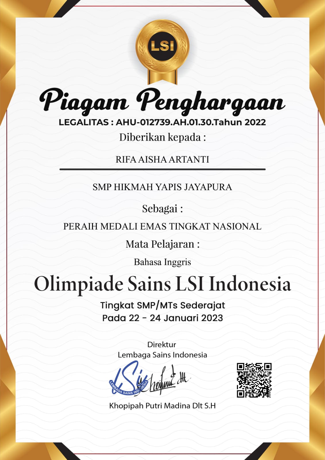 MEDALI EMAS TINGKAT NASIONAL OLIMPIADE SAINS LSI INDONESIA