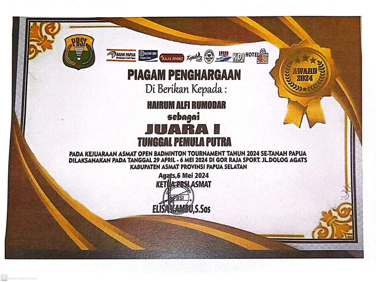 JUARA 1 TUNGGAL PUTRA KEJUARAAN ASMAT OPEN BADMINTON TAHUN 2024