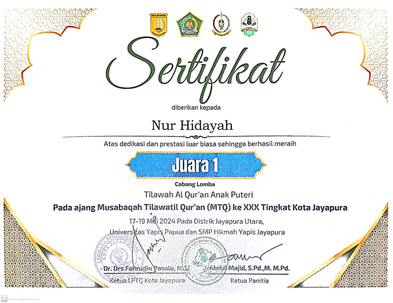 JUARA 1 TILAWAH AL-QUR'AN ANAK PUTERI KE XXX TINGKAT KOTA JAYAPURA TAHUN 2024